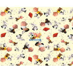 Tecido tricoline, microfibra ou gabardine estampado - Snoopy e Charlie Brown Pipa - Fundo Amarelo 