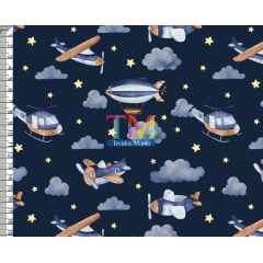 Sintético doll estampado - Aeronaves aquareladas - Fundo Azul Marinho