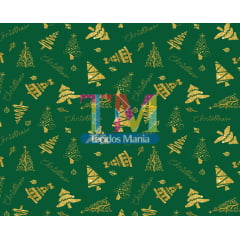 Sintético doll estampado - Árvore de Natal dourada - fundo verde