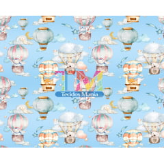 Sintético doll estampado  - Bichinhos No Balão - Céu