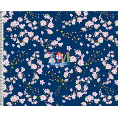 Sintético doll estampado - Cerejeiras - fundo azul marinho