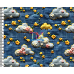 Sintético doll estampado - Céu - Nuvens - Fundo Jeans - 3D