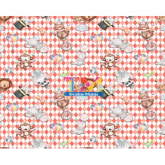 Sintético doll estampado - Circo - Animais Aquarela - Fundo Vermelho