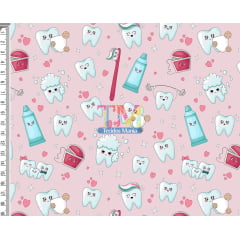 Sintético doll estampado - Dentista - Dentes - Fundo rosa