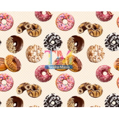 Sintético doll estampado  - Donuts - Fundo poá bege com branco