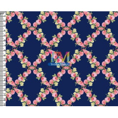 Sintético doll estampado  - Floral - Condessa - Fundo Azul Marinho
