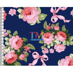 Sintético doll estampado  - Floral laços - Luiza - Fundo Azul Marinho