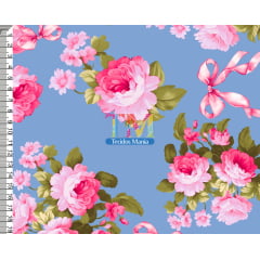 Sintético doll estampado  - Floral laços - Luiza - Fundo Azul Vintage