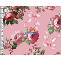 Sintético doll estampado  - Floral laços - Luiza - Fundo Rose