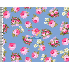 Sintético doll estampado  - Floral - Manu - Fundo Azul Vintage