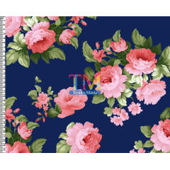 Sintético doll estampado  - Floral - Verona - Fundo Azul Marinho