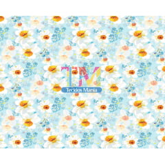 Sintético doll estampado - Flores brancas aquarela - fundo azul