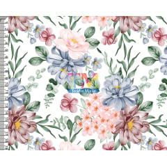 Sintético doll estampado  - Flores e Folhagens - lavanda e Bordô