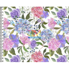 Sintético doll estampado  - Folhas e Flores - Hortênsia - aquarelada