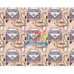 Sintético doll estampado  - Kombi Férias - fundo rosa
