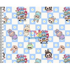 Sintético doll estampado  - Labubu - margaridas - Azul