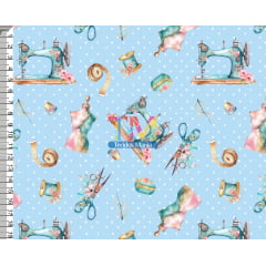 Sintético doll estampado - Maquina de costura - Fundo azul