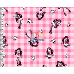 Sintético doll estampado - Monster High - Draculaura - fundo xadrez rosa