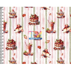 Sintético doll estampado  -  Morango - Bolo e milk shake - Listras rosa