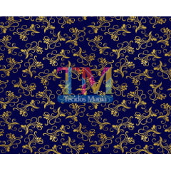 Sintético doll estampado - Natal - Arabesco dourado - fundo azul