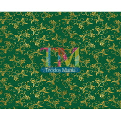 Sintético doll estampado - Natal - Arabesco dourado - fundo verde
