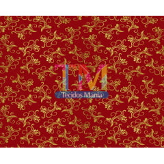 Sintético doll estampado - Natal - Arabesco dourado - fundo vermelho