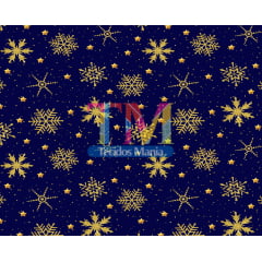 Sintético doll estampado - Natal - Flocos de neve dourado - fundo azul