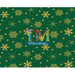 Sintético doll estampado - Natal - Flocos de neve dourado - fundo verde