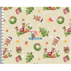 Sintético doll estampado - Natal - noel - biscoito - fundo bege