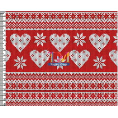 Sintético doll estampado - Natal - tricô - corações - fundo vermelho