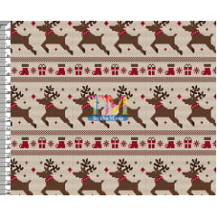 Sintético doll estampado - Natal - tricô - renas - fundo bege
