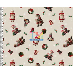 Sintético doll estampado - Papai e Mamãe noel - Azevinho - Fundo bege - Bordado - 3D Sintético doll estampado - Papai e Mamãe noel - Azevinho - Fundo bege - Bordado - 3D