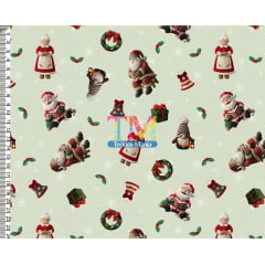 Sintético doll estampado - Papai e Mamãe noel - Azevinho - Fundo Verde Menta - Bordado - 3D Sintético doll estampado - Papai e Mamãe noel - Azevinho - Fundo Verde Menta - Bordado - 3D