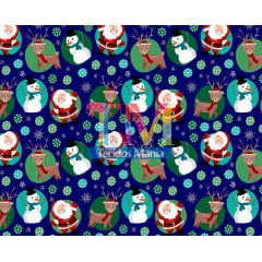 Sintético doll estampado - Papai Noel e boneco de neve - Fundo azul