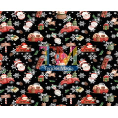 Sintético doll estampado - Papai Noel e flocos de neve - aquarela - fundo preto