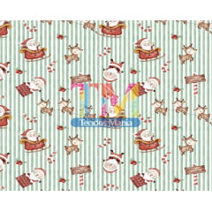 Sintético doll estampado - Papai Noel e Renas - aquarela - fundo listrado