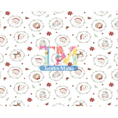 Sintético doll estampado - Papai Noel e seus amigos - aquarela - fundo arabesco
