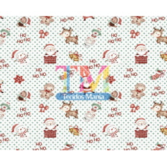 Sintético doll estampado - Papai Noel e seus amigos - aquarela - fundo poá verde