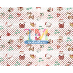 Sintético doll estampado - Papai Noel e seus amigos - aquarela - fundo poá vermelho