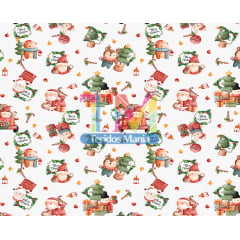 Sintético doll estampado - Papai Noel e seus bichinhos - aquarela - fundo branco