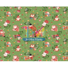 Sintético doll estampado - Papai Noel e seus bichinhos - aquarela - fundo verde