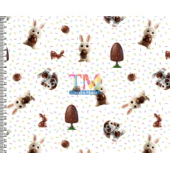 Sintético doll estampado - Páscoa - coelho e chocolate - fundo granulado