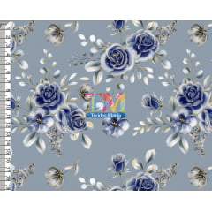 Sintético doll estampado  - Rosas - Azul com Dourado - Fundo cinza