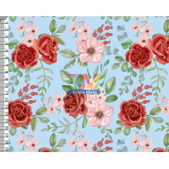 Sintético doll estampado  - Rosas Lari - Fundo Azul Celeste