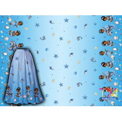 Tecido tricoline, microfibra ou gabardine estampado - Barrado Ibeji - Erê Iemanjá - Fundo Azul