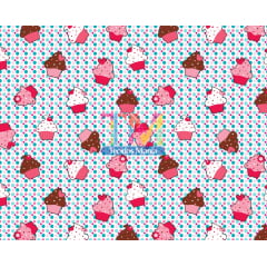Tecido tricoline, microfibra ou gabardine estampado  - Cupcake - Fundo poá colorido