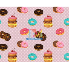 Tecido tricoline, microfibra ou gabardine estampado  - Donuts - Fundo poá rosa com bege