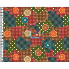 Tecido tricoline, microfibra ou gabardine estampado - Patchwork - Retalhos - botões e flores