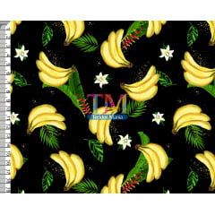 Tecido tricoline, microfibra ou gabardine estampado - bananas - fundo preto