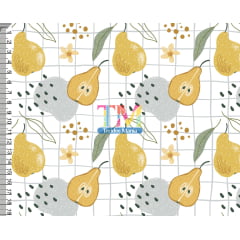 Tecido tricoline, microfibra ou gabardine estampado -  Pera - quadriculado - fundo branco